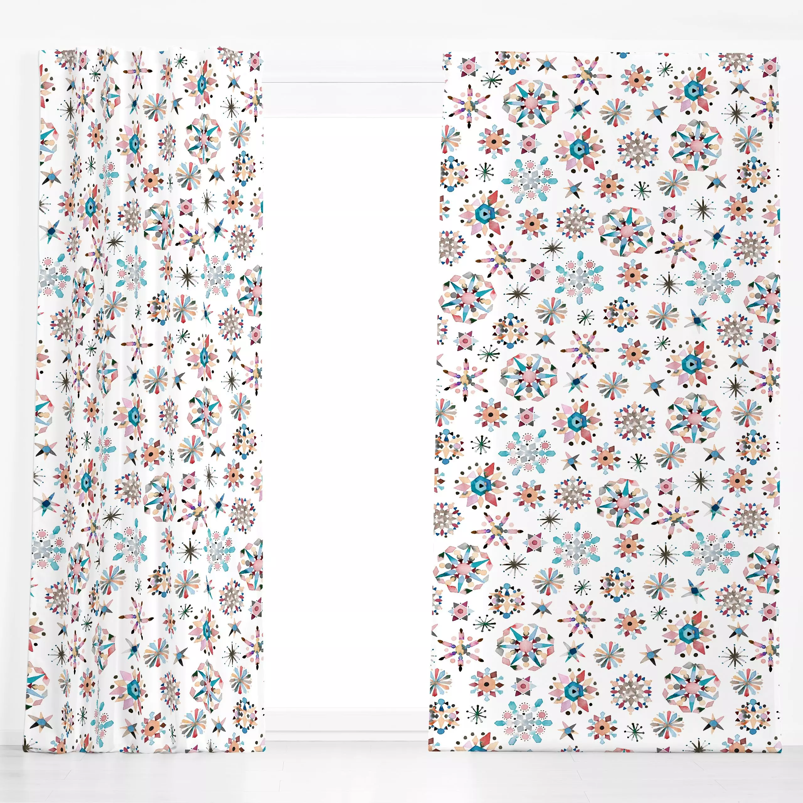 Dekovorhang Winter Snow Stars Crystals Red - Weihnachten, Winter, Symbole & Muster - von „Ninola Design "; Geometrisch, Schn...