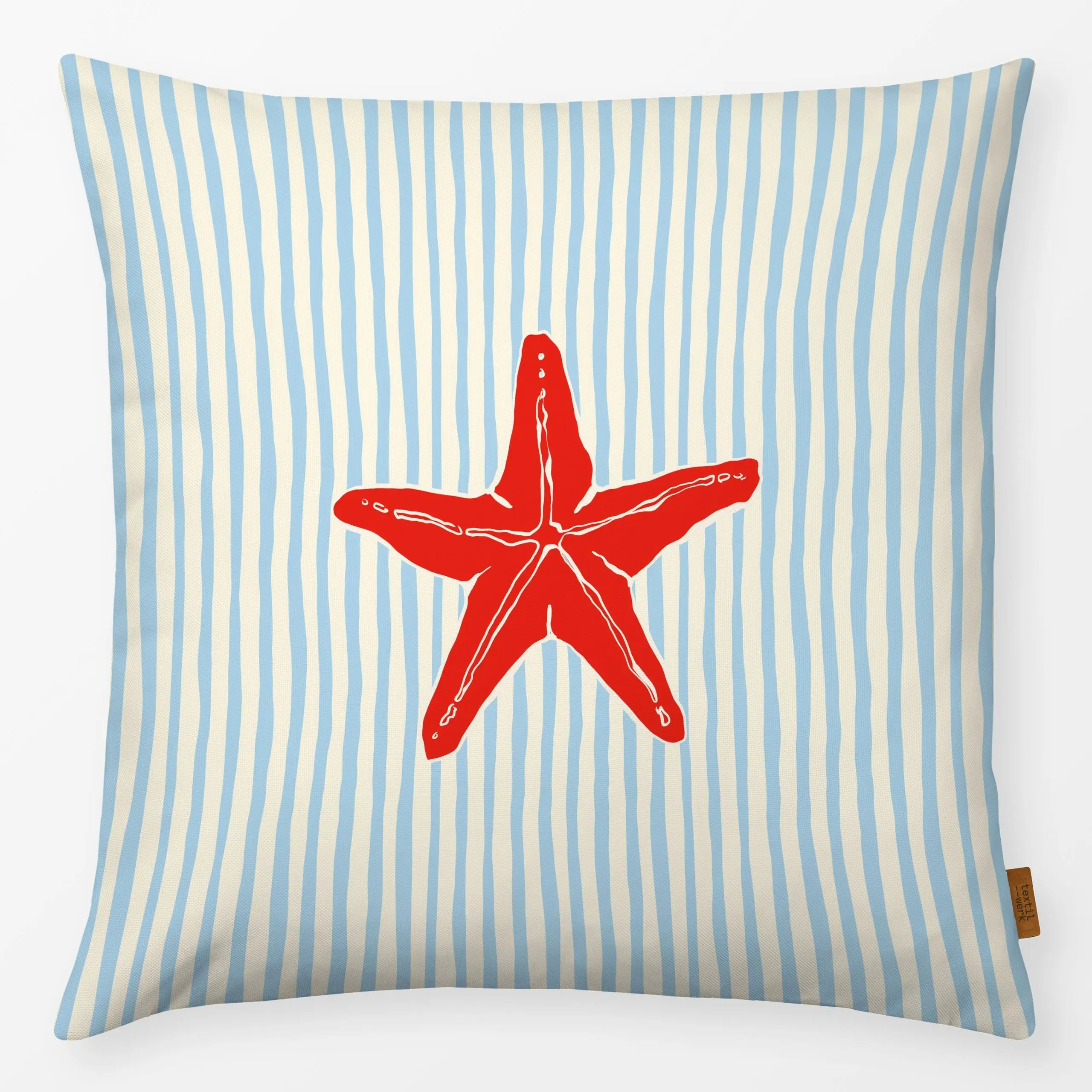 Kissen Santorini Red Starfish Stripes - Sommer, Tiere, Symbole & Muster - von „By Anna Sienna"; rot, hellblau, gestreift, st...