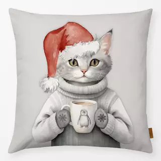 Kissen Winter Party - Katze mit Tasse