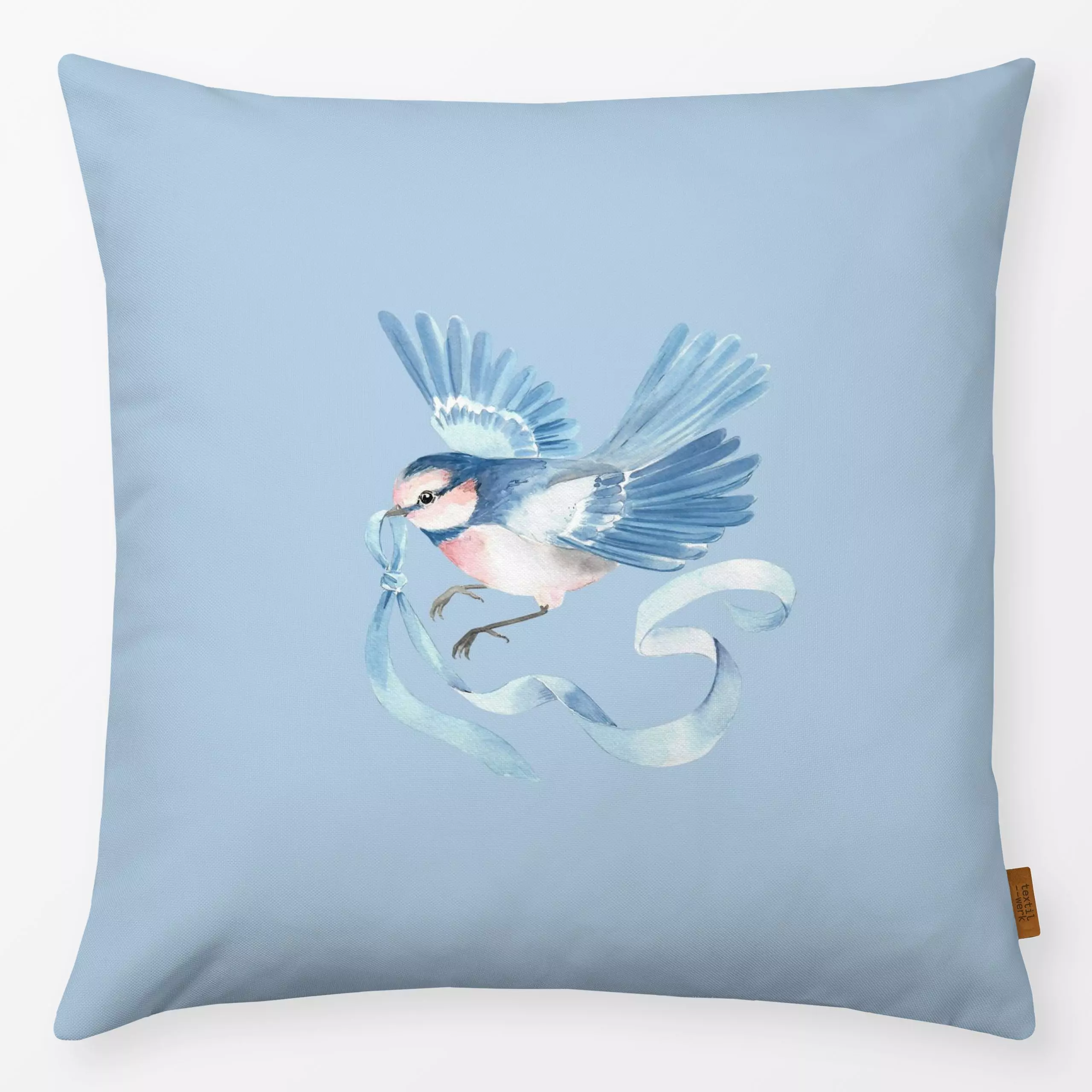 Kissen Fliegender Vogel mit Band blau - Frühling, Tiere, Anlässe, Ostern - von „Katrin Graff"; Eisvogel, schleife, Pastell, ...