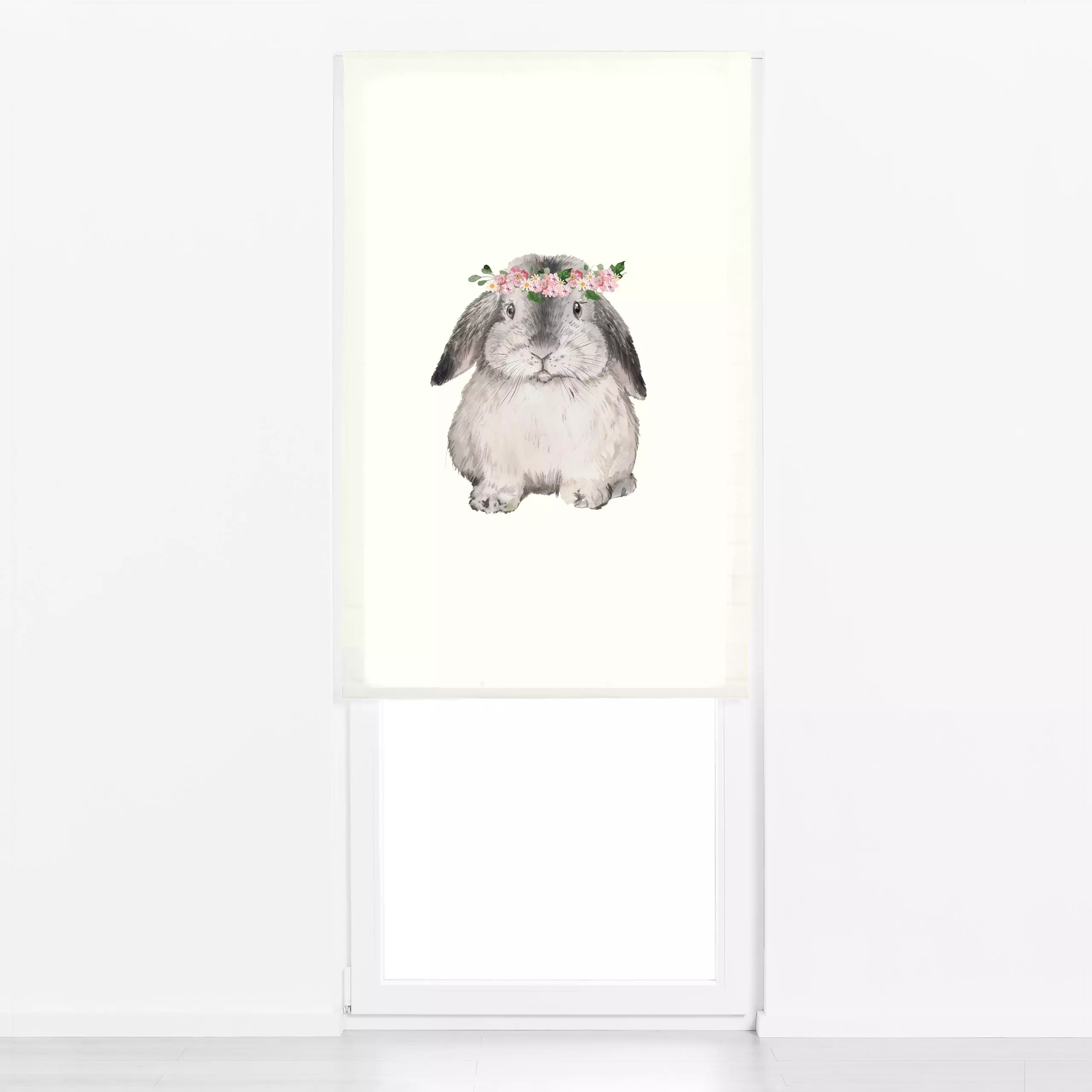Raffrollo Hase mit Blumenkranz Mopsi - Frühling, Tiere, Anlässe, Ostern - von „Monika Strigel"; Hase, niedlich, Kinderzimmer...