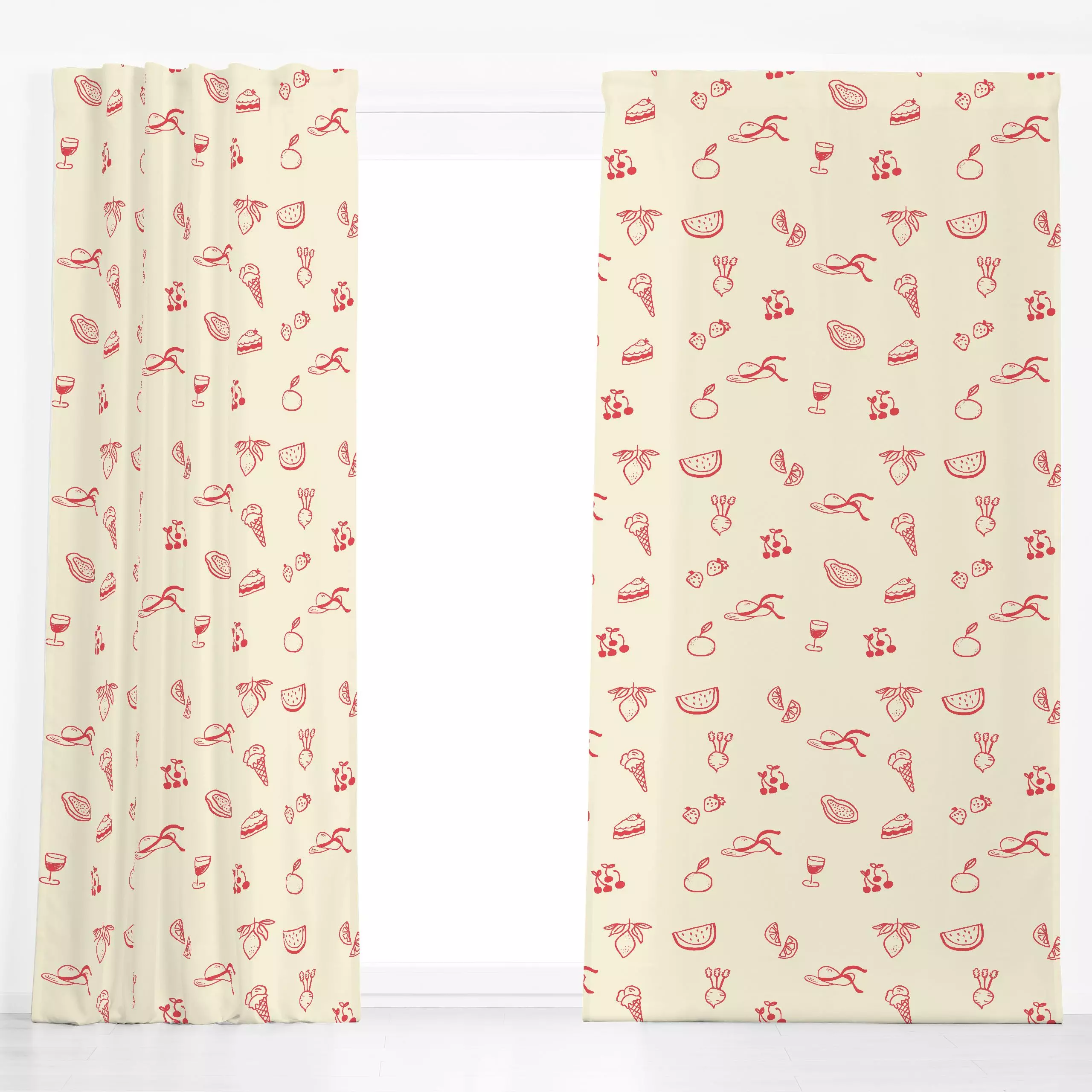 Dekovorhang Fruits Picknick Pattern Beige - Sommer, Symbole & Muster, Küche, Essen & Trinken - von „textilwerk"; Frucht, Obs...