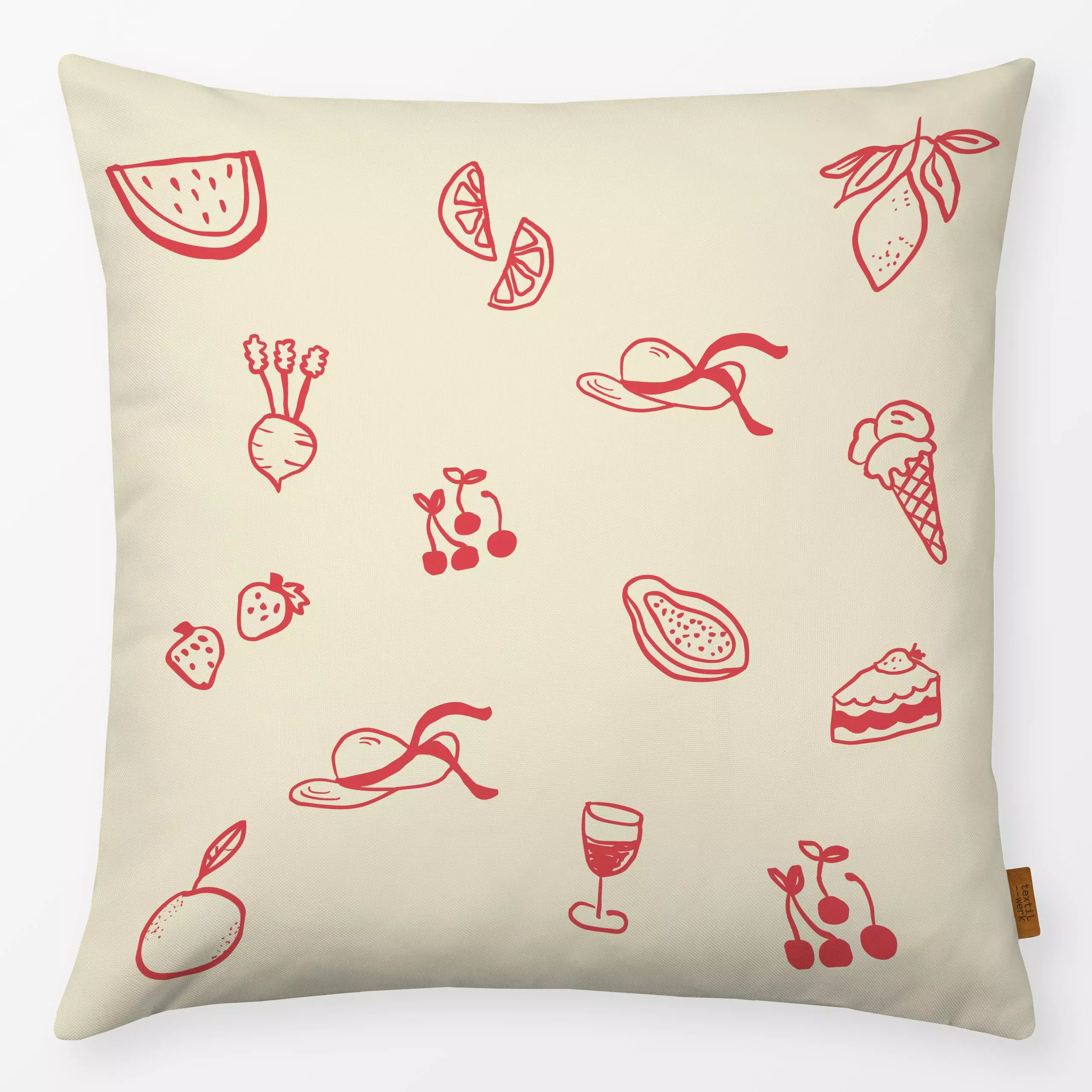 Kissen Fruits Picknick Pattern Beige - Sommer, Symbole & Muster, Küche, Essen & Trinken - von „textilwerk"; Frucht, Obst, So...