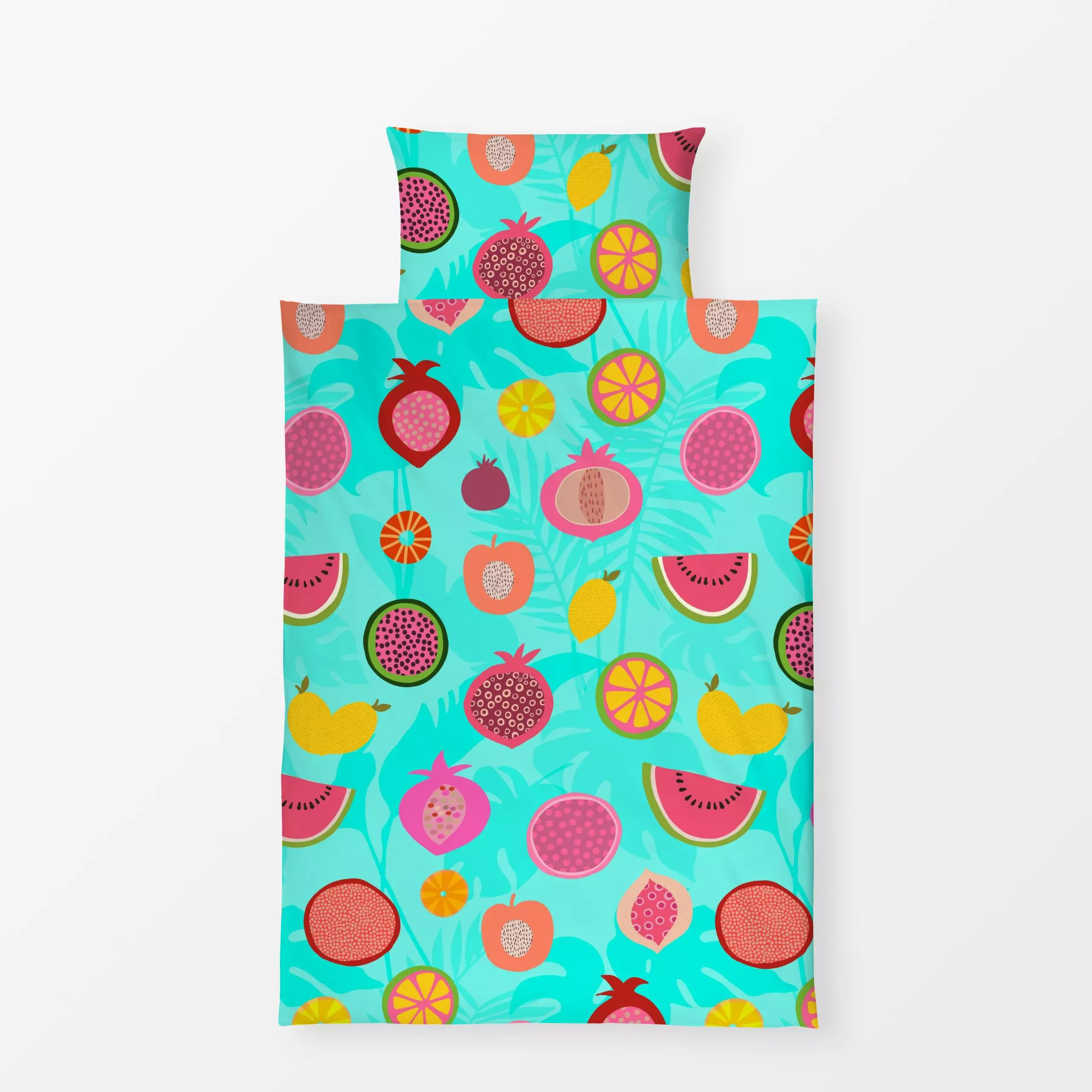 Bettwäsche Tropical Fruit Garden türkis - Sommer - von „Andrea Haase"; Obst, Palmen, Melone, Früchte, exotisch, Urlaub, Trop...