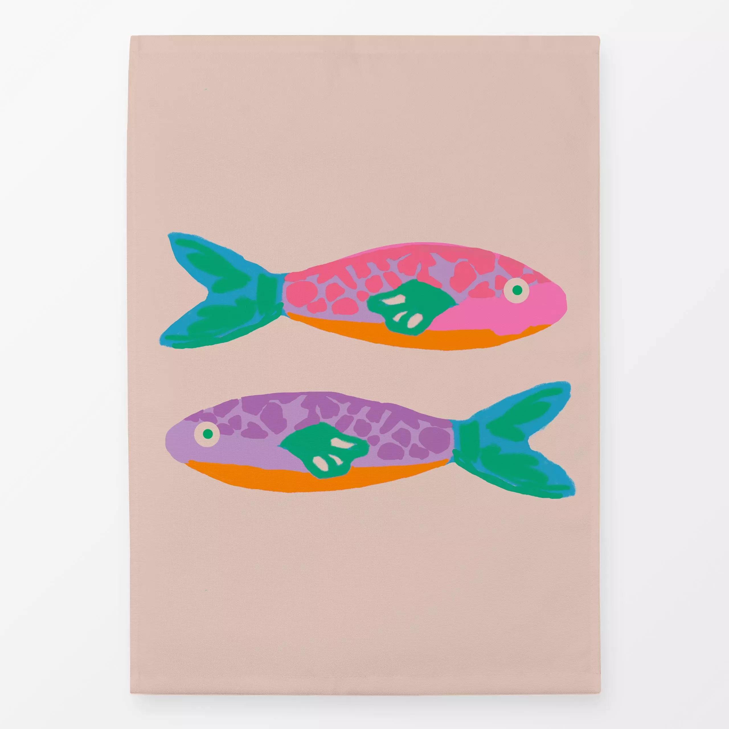 Geschirrtücher Fische Bunt Auf Beige - Sommer, Tiere, Retro & Vintage - von „Alisa Knöß"; Meerestiere, Fische, modern, pink,...
